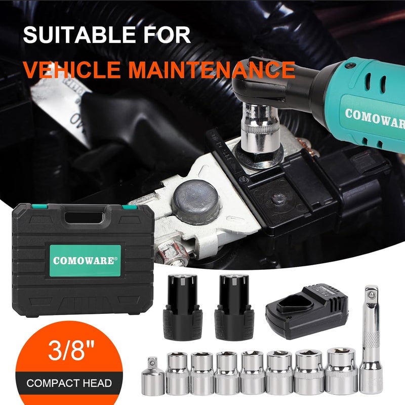COMOWARE 3/8 Cordless Electric Ratchet Wrench Kit, 40ft-lbs Torque, 12V Power, 8 Sockets, LED Light, Fast Charger, Ergonomic Design - Image 2